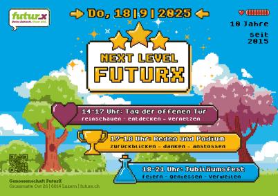 FuturX bringt ihre Schülerinnen und Schüler – und sich selbst – aufs nächste Level.  Diese Idee spiegelt sich in der von der Gamingwelt inspirierten Bildsprache wider