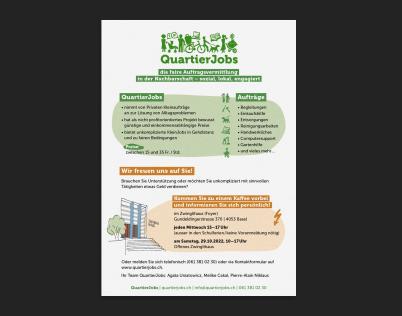 Bei QuartierJobs dominieren Piktogramme und handgezeichnete Bildumsetzungen